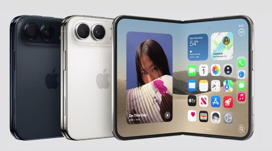 Render of the foldable Apple iPhone Duo showing both the open inner display running iOS and the back of the device in dark and light finishes.