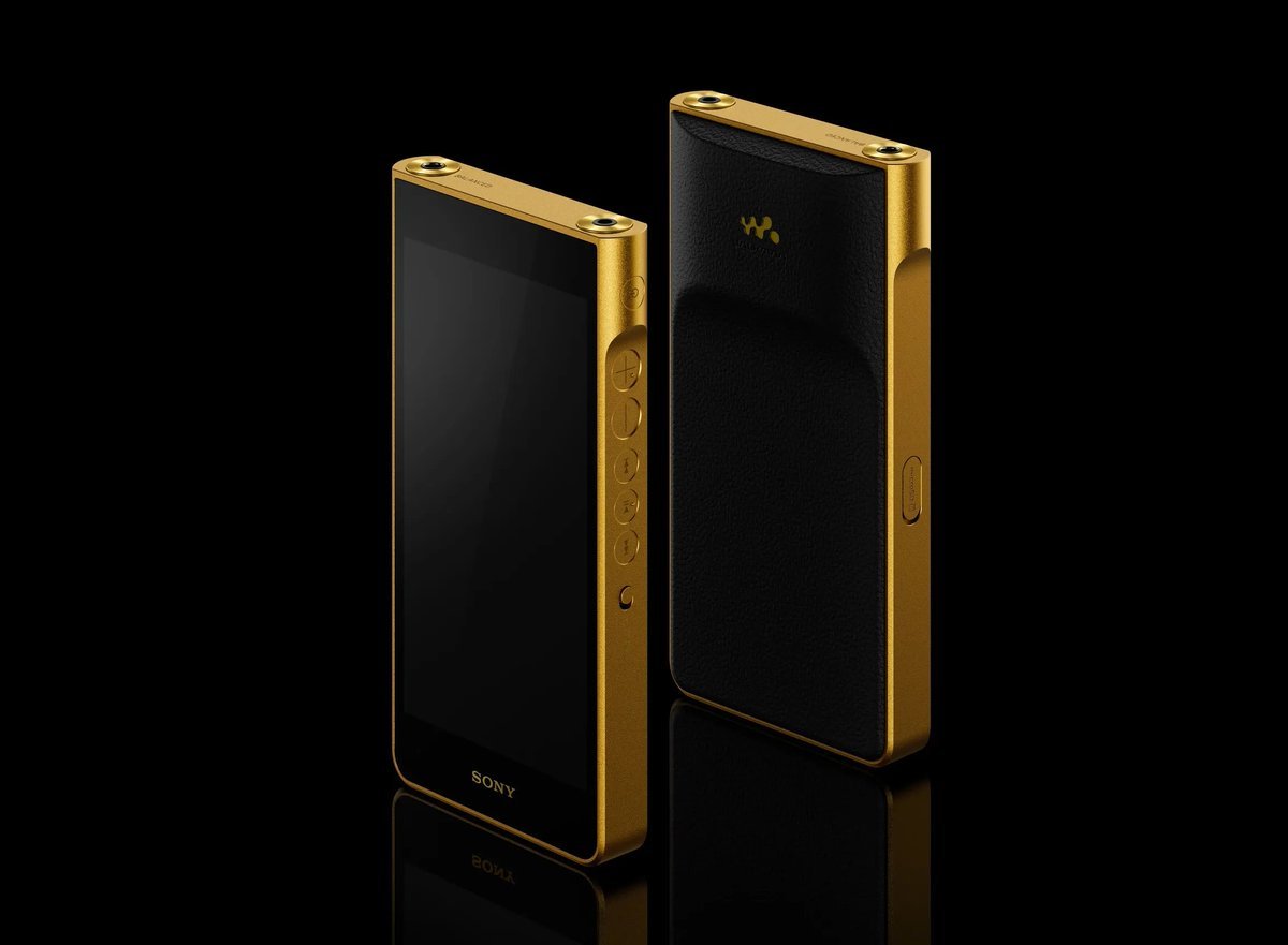 Front and back view of the gold-plated Sony Walkman NW-WM1ZM3 digital audio player against a black background.