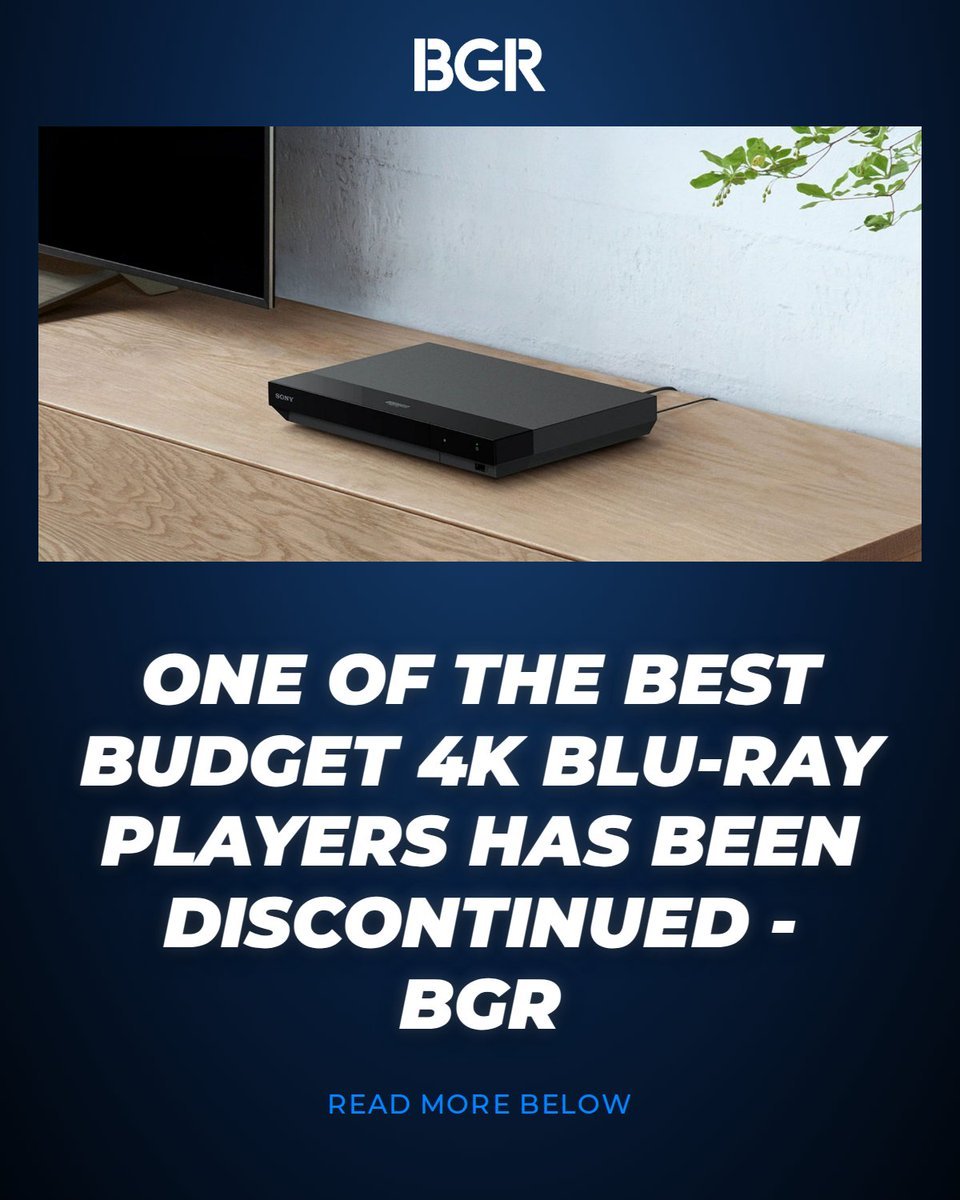 A Sony Blu-ray player on a wooden shelf next to a television, featured in a BGR announcement graphic.