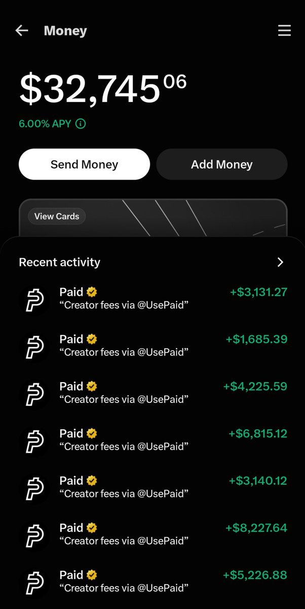 Screenshot of an X Money account balance displaying incoming payments labeled Creator fees via UsePaid.