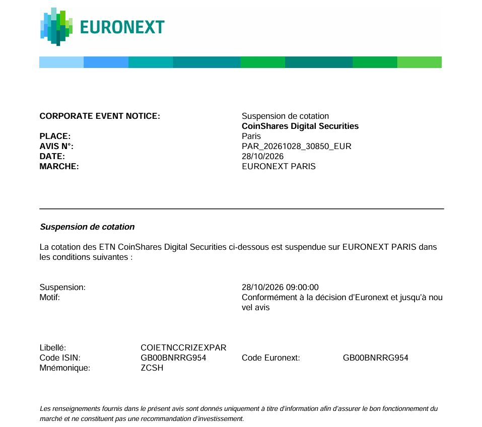Euronext corporate event notice announcing the trading suspension of CoinShares Digital Securities Zcash ETN under ticker ZCSH.
