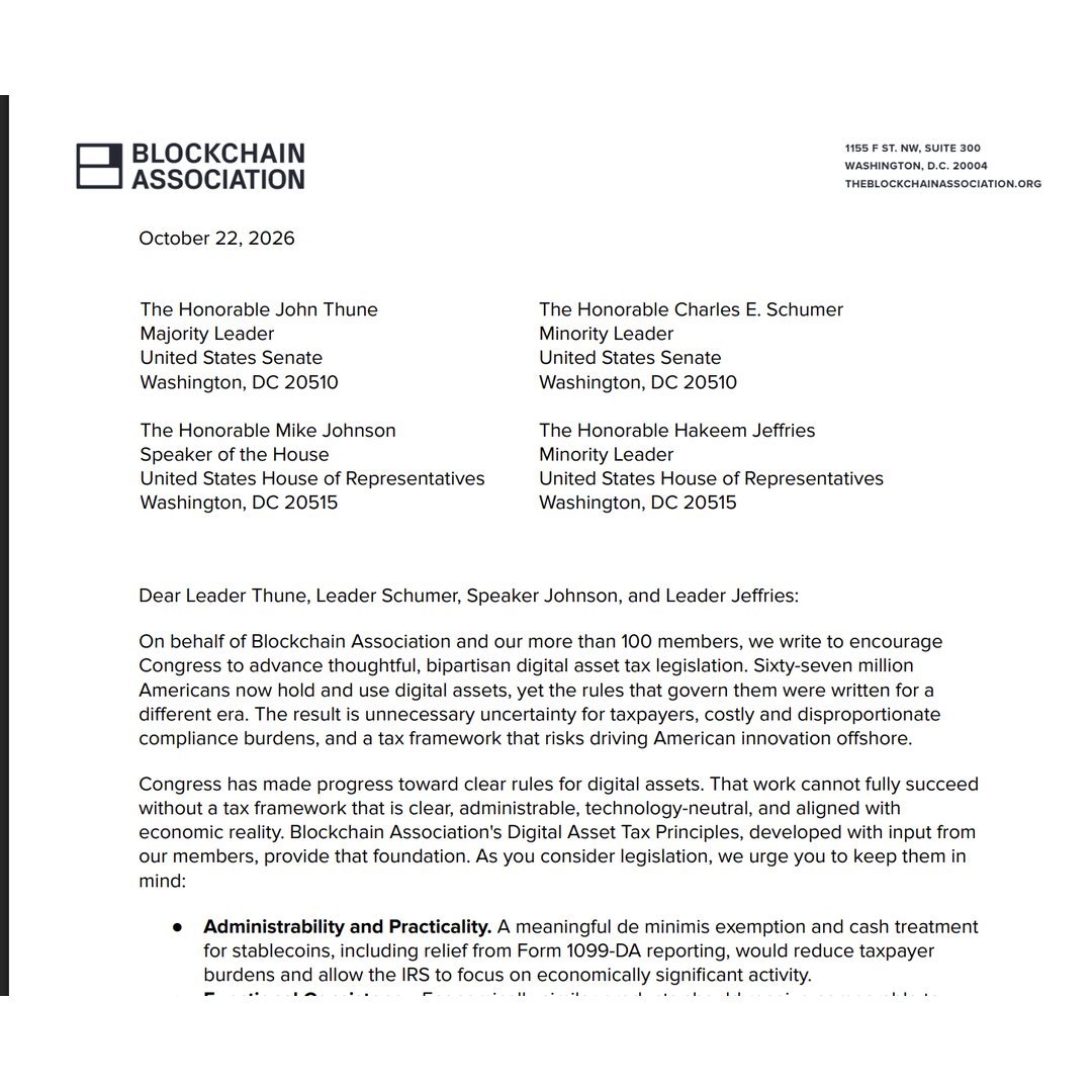 A letter from the Blockchain Association addressed to congressional leaders regarding digital asset tax legislation.