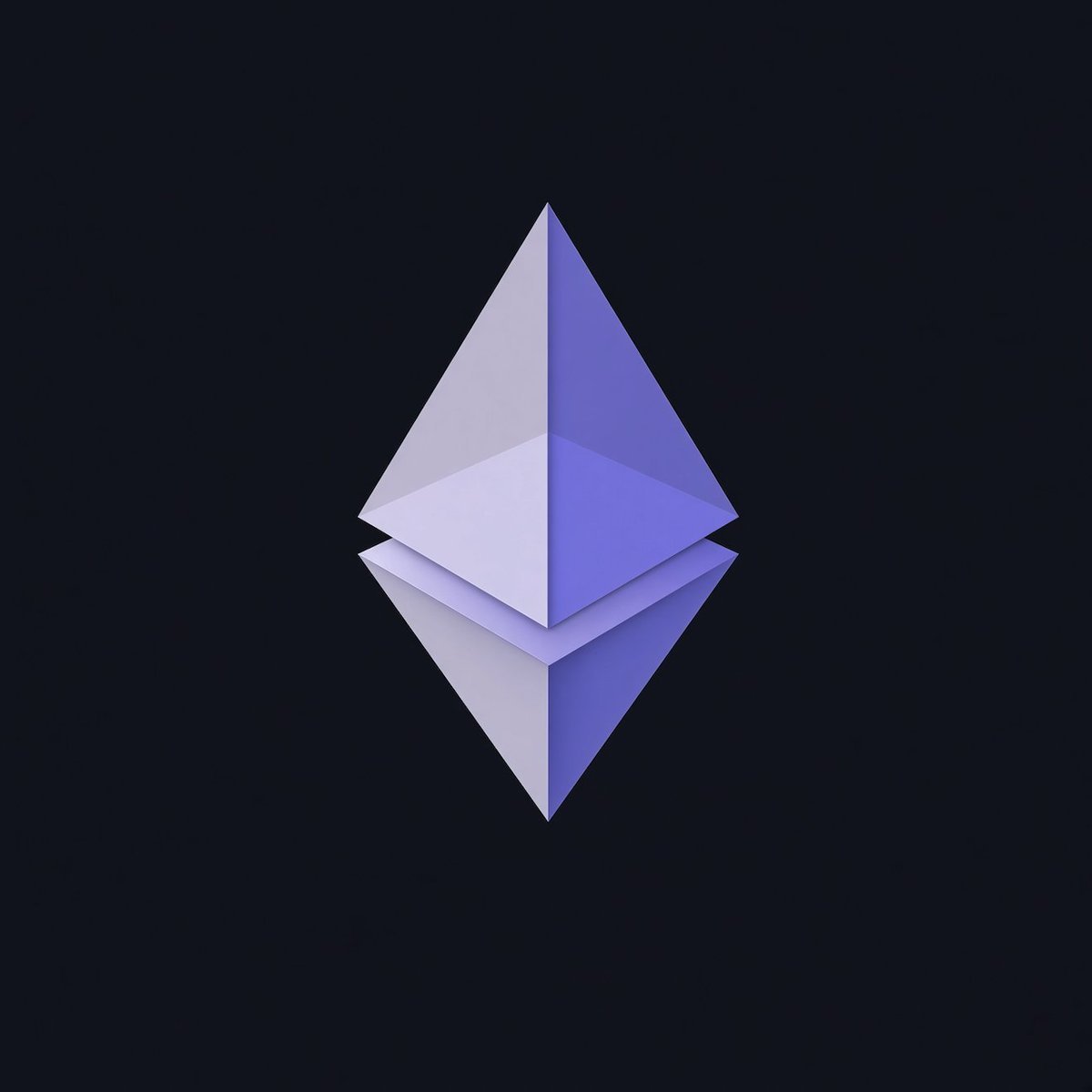 A 3D rendering of the Ethereum logo against a dark background.
