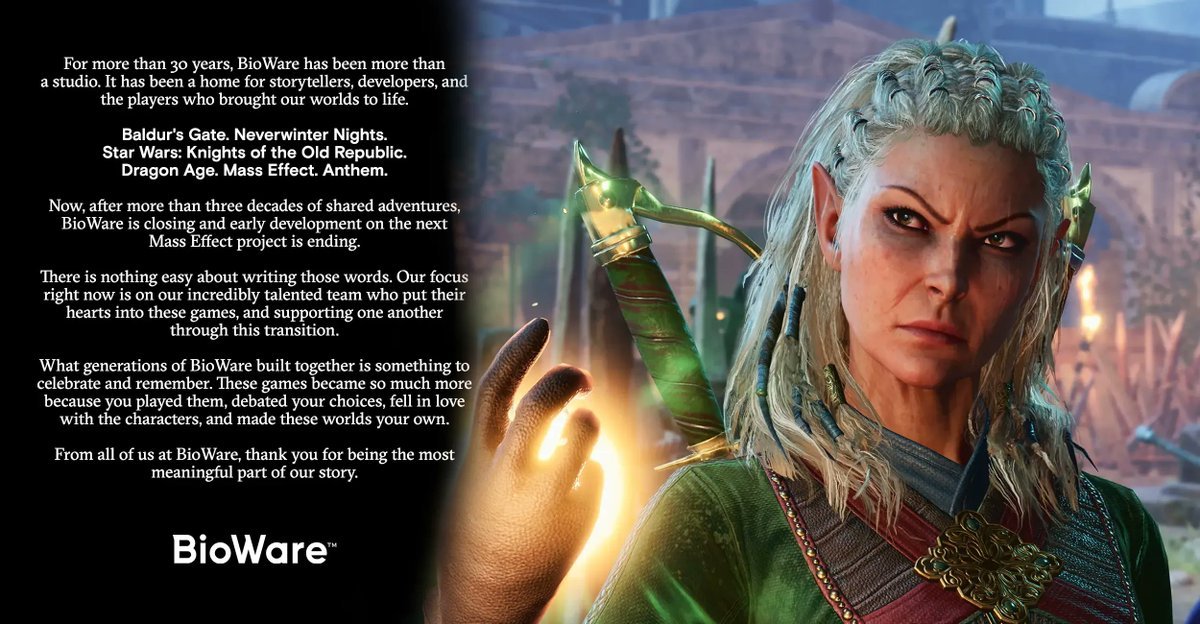BioWare's official closure statement announcing the end of the studio and early development on the next Mass Effect project, shown alongside artwork of an elf character.