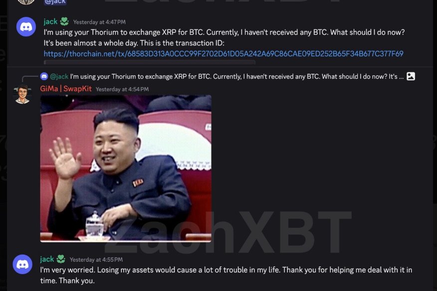 Screenshot of a Discord chat where user jack seeks help with a stuck crypto swap and expresses concern over losing assets.