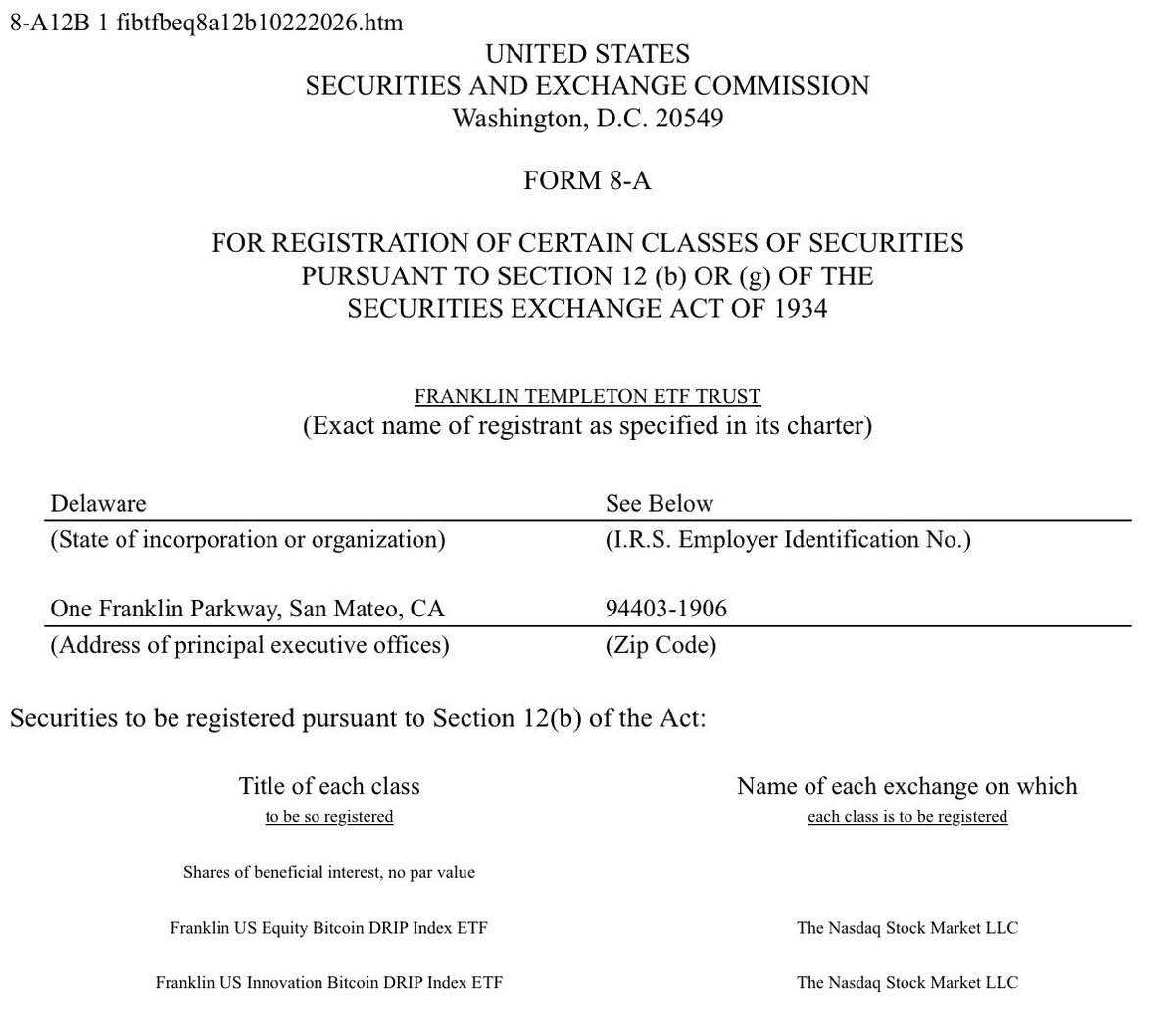 Screenshot of SEC Form 8-A registration filing by Franklin Templeton ETF Trust on Nasdaq