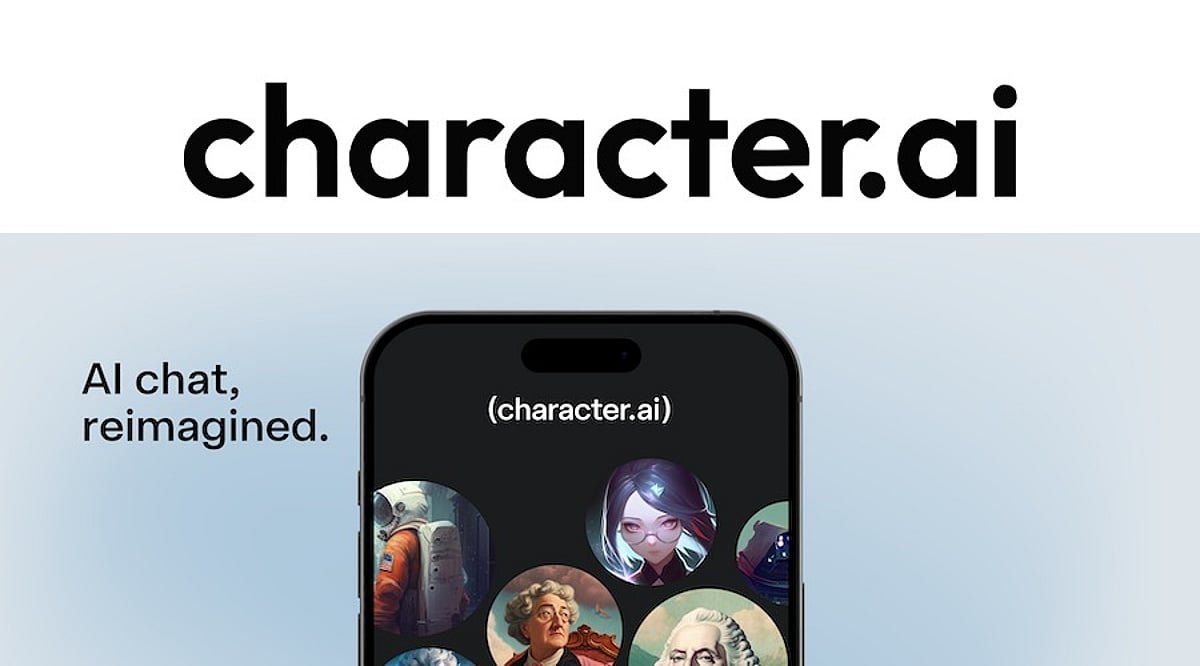 Character.AI logo above a smartphone displaying various character avatars on its app interface.