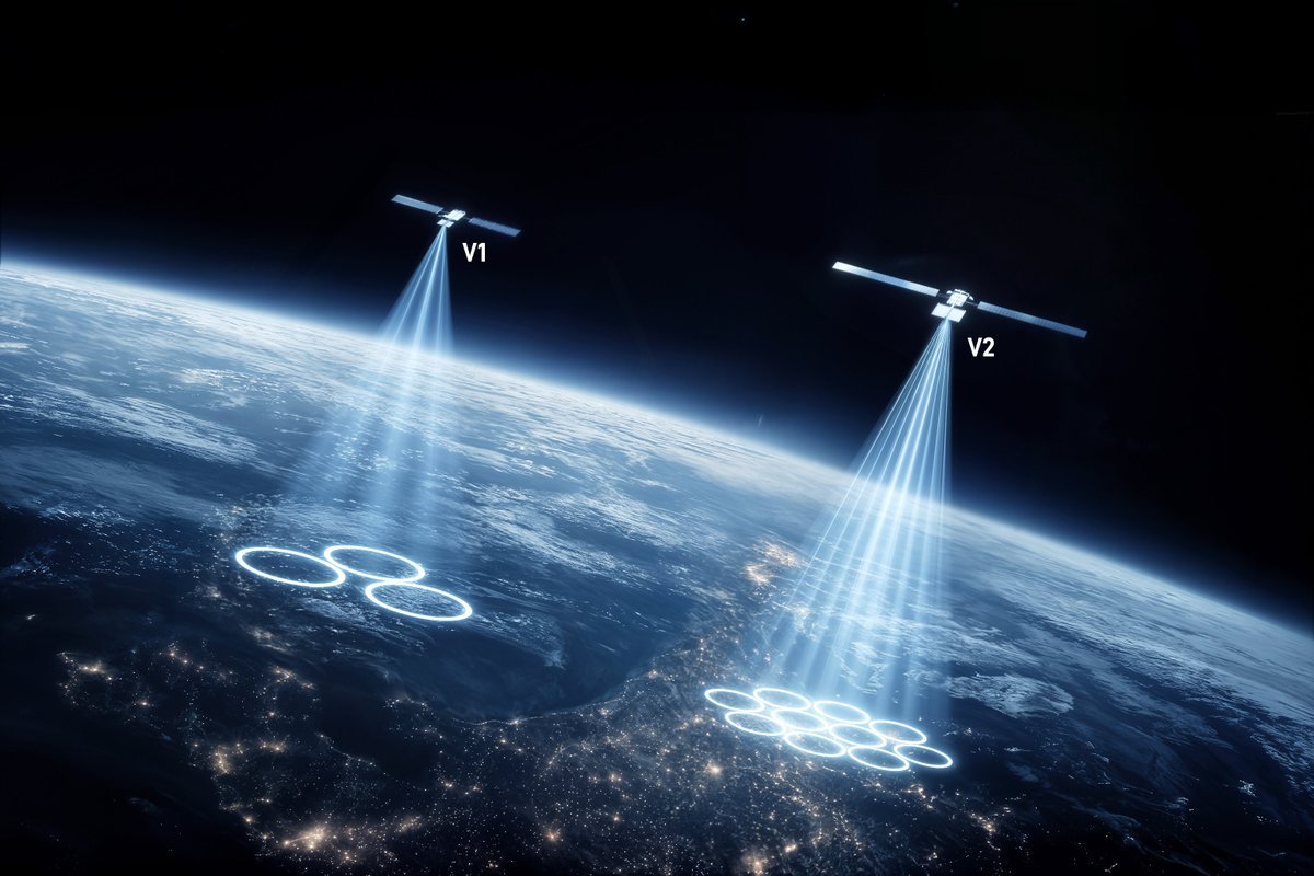 Digital illustration of Starlink satellites in low Earth orbit beaming connectivity signals down toward illuminated city grids on Earth.