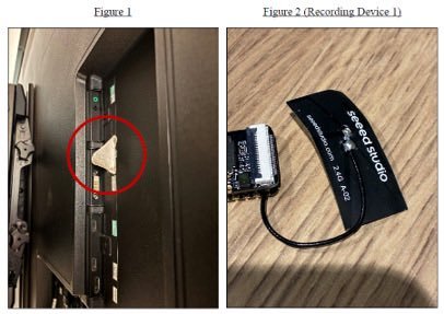 Court evidence photos showing a recording device plugged behind a television screen and a Seeed Studio development board component.