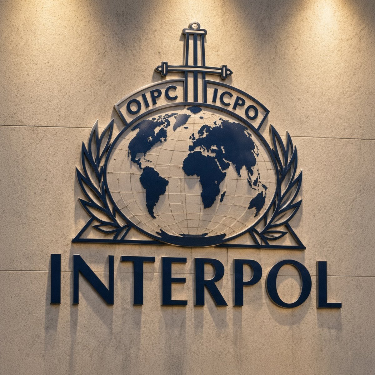 Interpol emblem and logo mounted on a stone wall.
