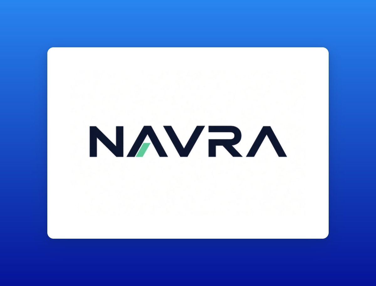 The Navra company logo centered on a white card against a blue background.