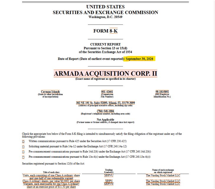 SEC Form 8-K filing by Armada Acquisition Corp. II regarding its merger and registration on The Nasdaq Stock Market