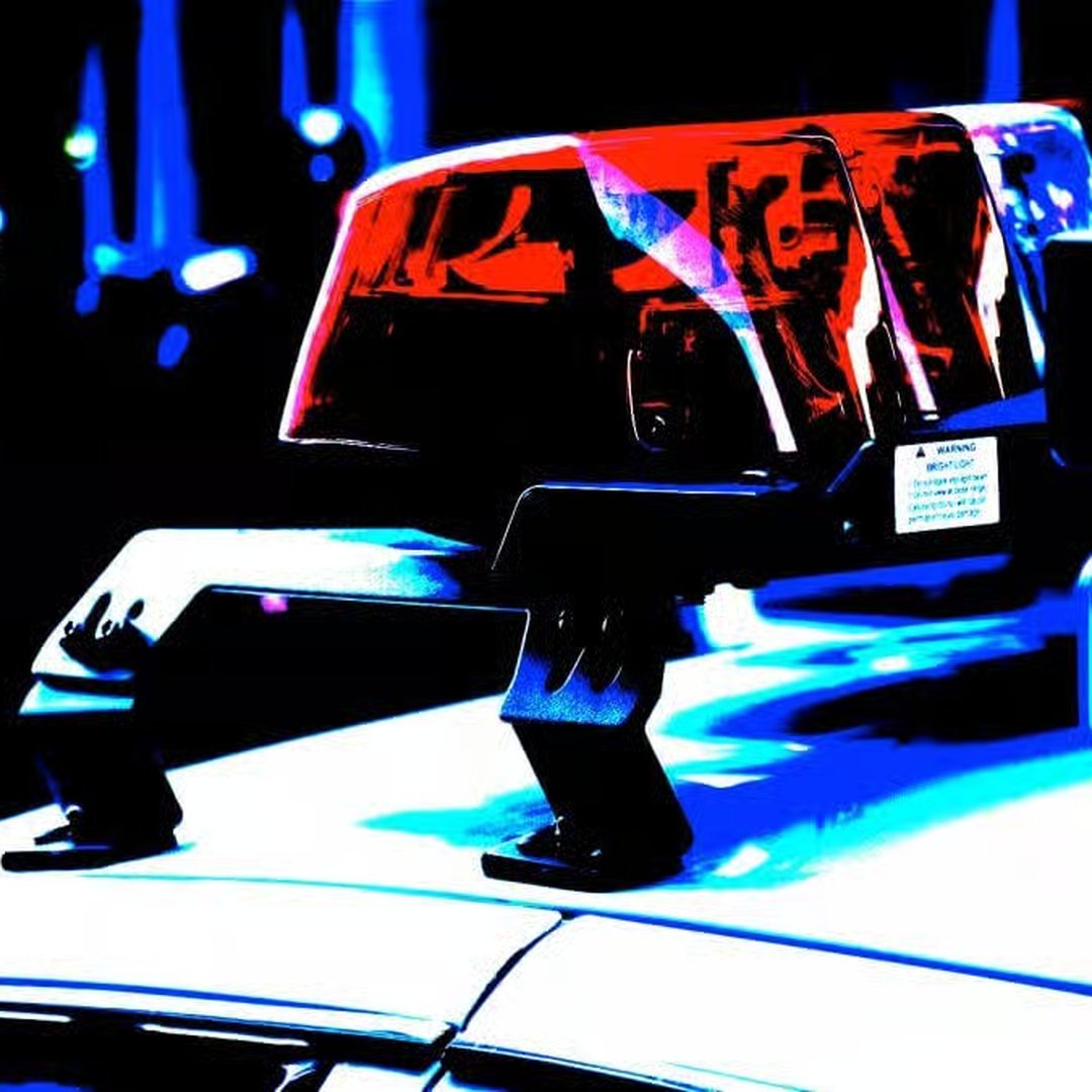 Close-up of illuminated red and blue police emergency lights mounted on a vehicle.