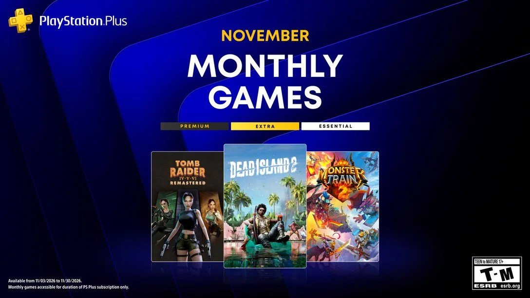 PlayStation Plus November monthly games graphic showcasing Tomb Raider IV-VI Remastered, Dead Island 2, and Monster Train 2.