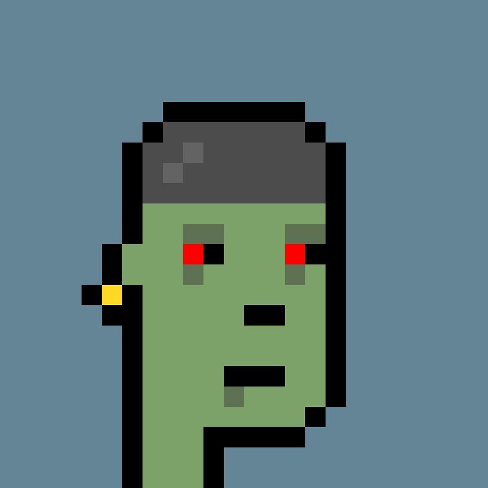 Pixel art of CryptoPunk #3609, depicting a green-skinned zombie figure with red eyes, a single gold earring, and dark hair on a grayish-blue background.