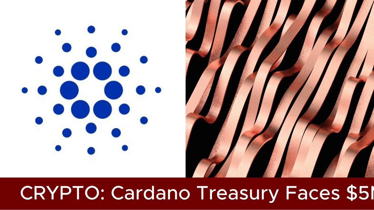 Graphic showing the Cardano cryptocurrency logo on the left and undulating copper ribbons on the right with a headline banner below.
