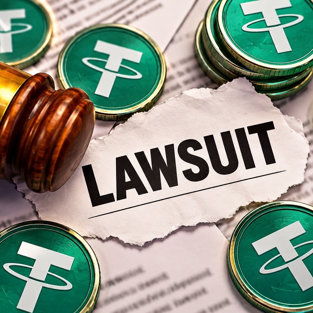 A wooden gavel resting next to a torn paper labeled Lawsuit surrounded by green Tether USDT tokens.
