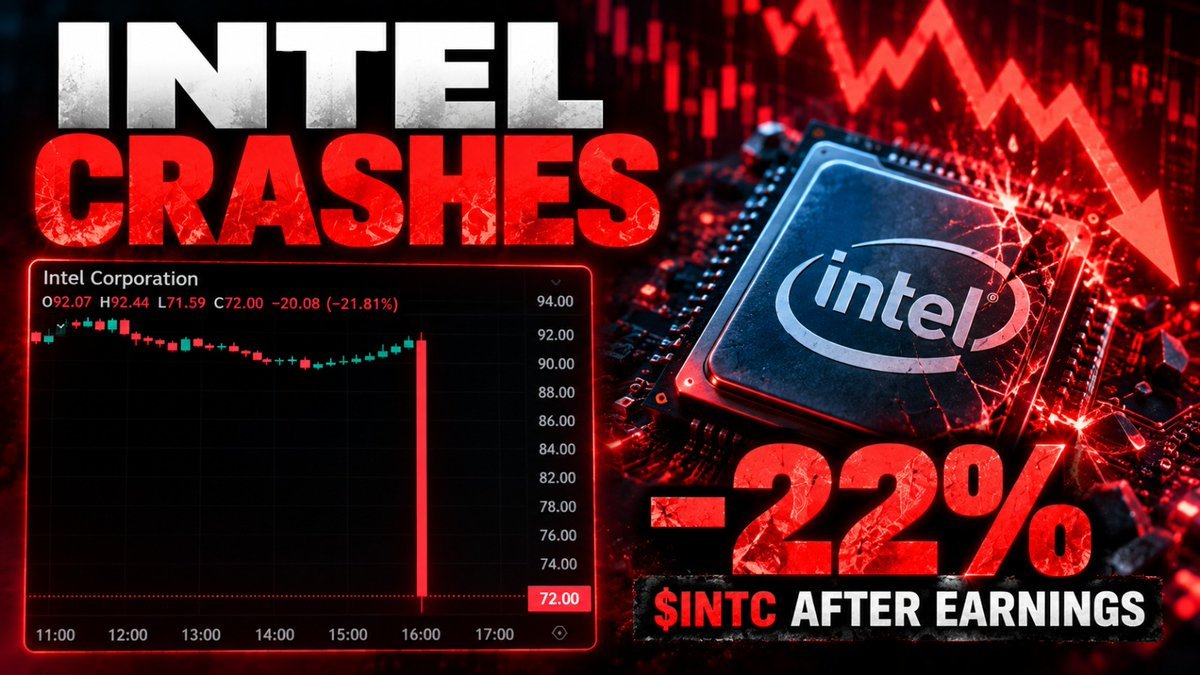 Graphic showing an Intel stock price chart plunging to $72.00, alongside an Intel microchip and text reading '-22% $INTC AFTER EARNINGS'.