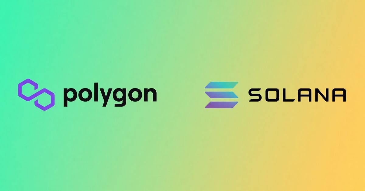 Logos of Polygon and Solana displayed side by side against a green and yellow gradient background.
