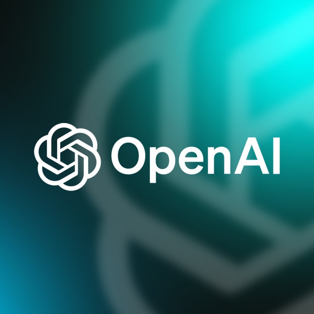 OpenAI logo on a teal and dark gradient background