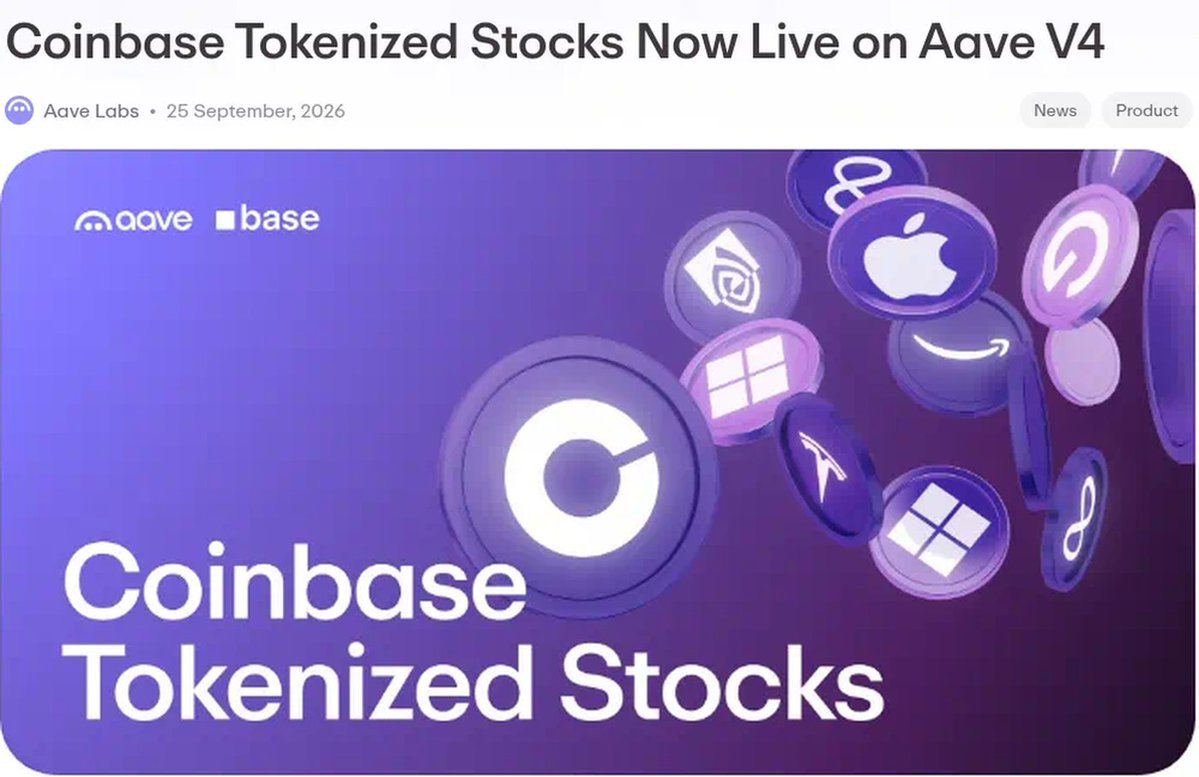 Graphic announcement banner reading 'Coinbase Tokenized Stocks Now Live on Aave V4' displaying floating 3D tokens with logos of Apple, Microsoft, Amazon, Nvidia, and Tesla alongside Aave and Base logos.