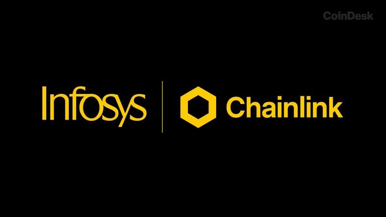 Graphic showing the Infosys and Chainlink names and logos side by side in yellow against a black background.