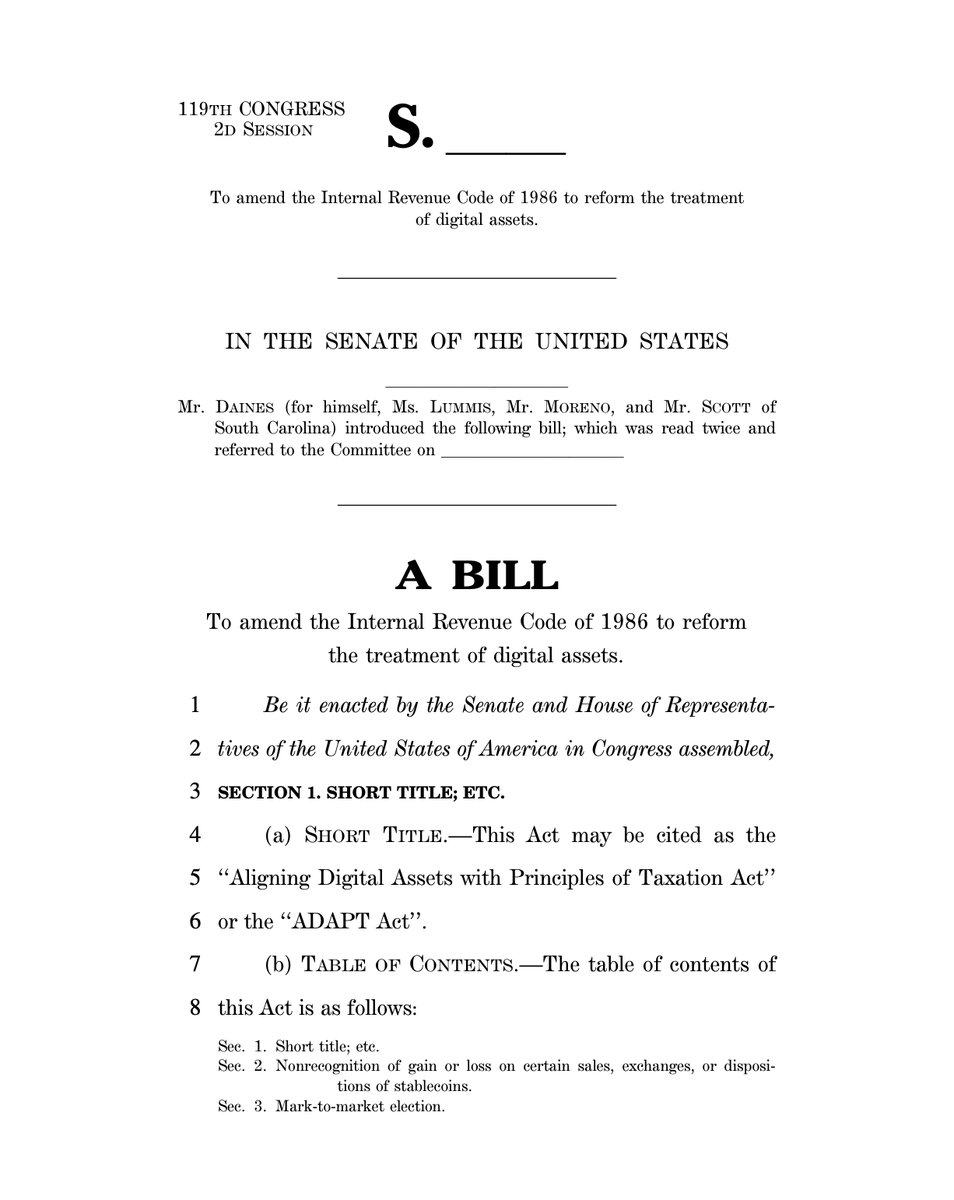 First page of the draft Senate bill titled the Aligning Digital Assets with Principles of Taxation Act or ADAPT Act, introduced by Sen. Steve Daines.