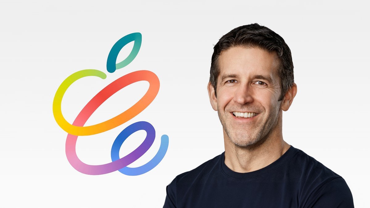 Portrait of Apple executive John Ternus beside a colorful stylized Apple logo.