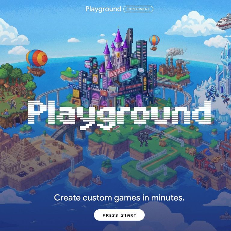 Screenshot of Google's Playground AI experimental gaming platform featuring colorful pixel art of a fantasy landscape and city with the caption Create custom games in minutes.