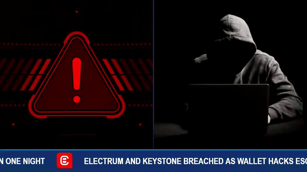 Graphic showing a glowing red warning exclamation triangle next to a hooded figure sitting at a laptop, with a news ticker at the bottom.