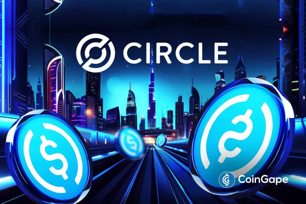 Digital graphic featuring the Circle logo and glowing blue USDC coins against a futuristic cityscape.