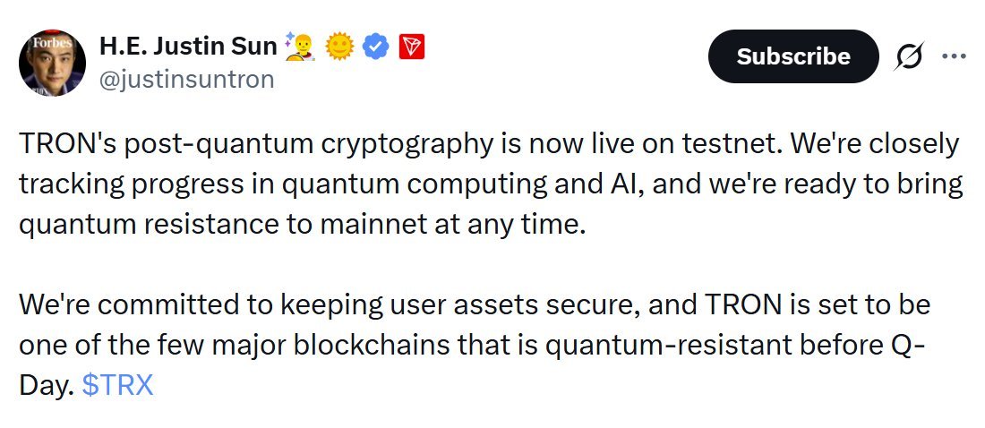 A screenshot of an X post by Justin Sun announcing that TRON's post-quantum cryptography is live on testnet.
