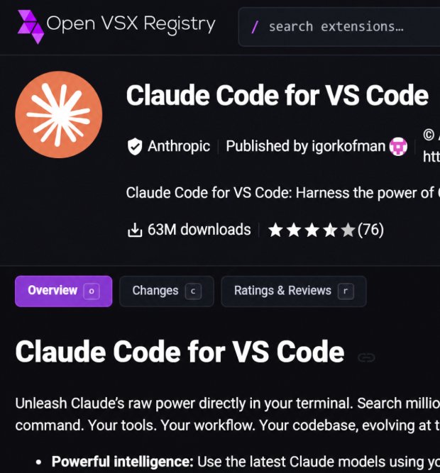 Screenshot of the Open VSX Registry page for the Claude Code for VS Code extension by Anthropic.