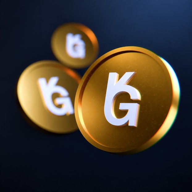 3D rendered gold tokens marked with the KG logo floating against a dark background.