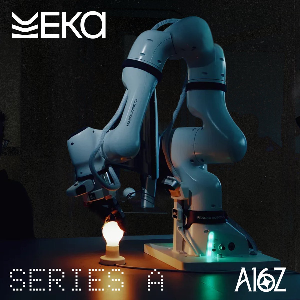 A white robotic arm with sensitive grippers touching an illuminated lightbulb on a table, featuring the Eka Robotics and a16z Series A logos.