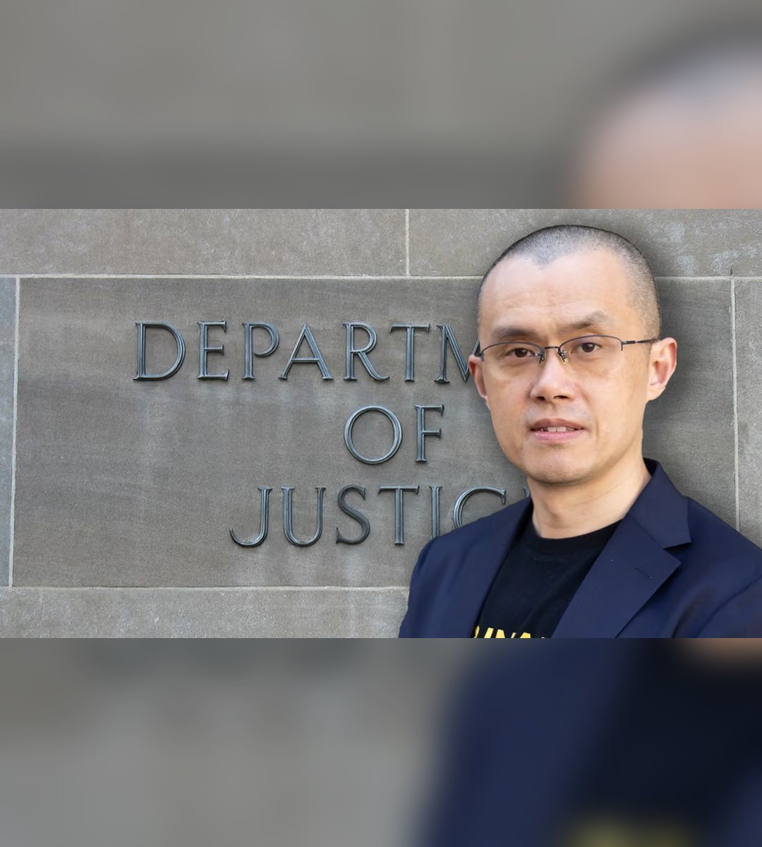 Composite image featuring former Binance CEO Changpeng Zhao in front of a stone wall engraved with Department of Justice.