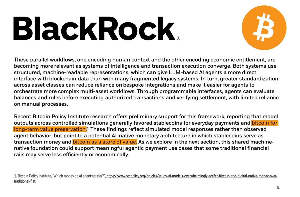 An excerpt from a BlackRock document with highlighted text discussing AI agents using stablecoins for transactions and bitcoin for long-term value preservation.