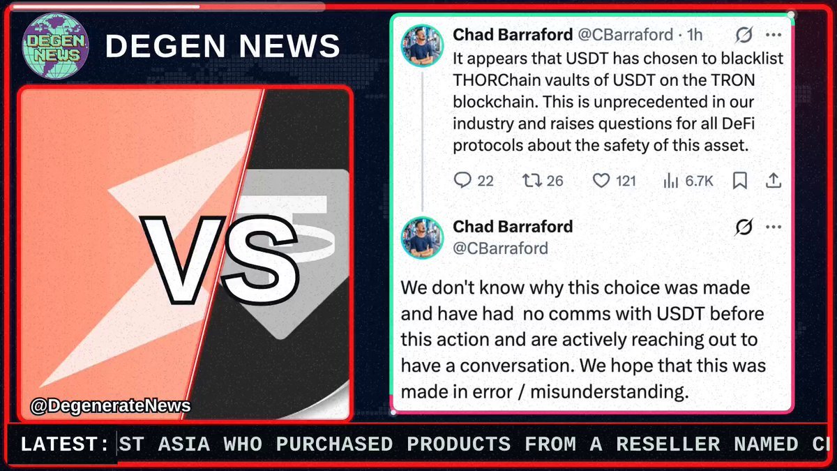Graphic displaying social media posts by THORChain co-founder Chad Barraford regarding Tether blacklisting THORChain vaults on TRON.