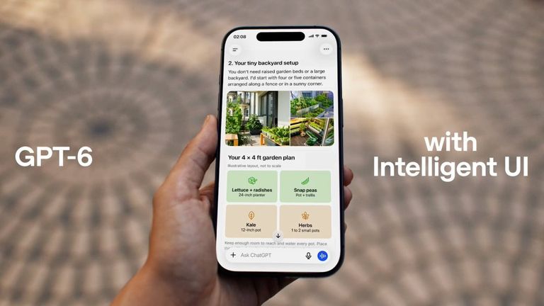 A person holding a smartphone showing ChatGPT's GPT-6 Intelligent UI interface with an interactive visual garden plan.