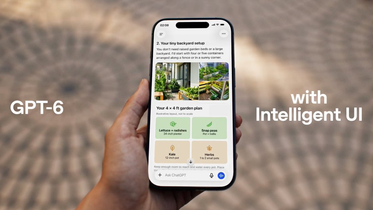 A hand holding a smartphone showing an interactive visual garden plan generated by ChatGPT with GPT-6 and Intelligent UI.