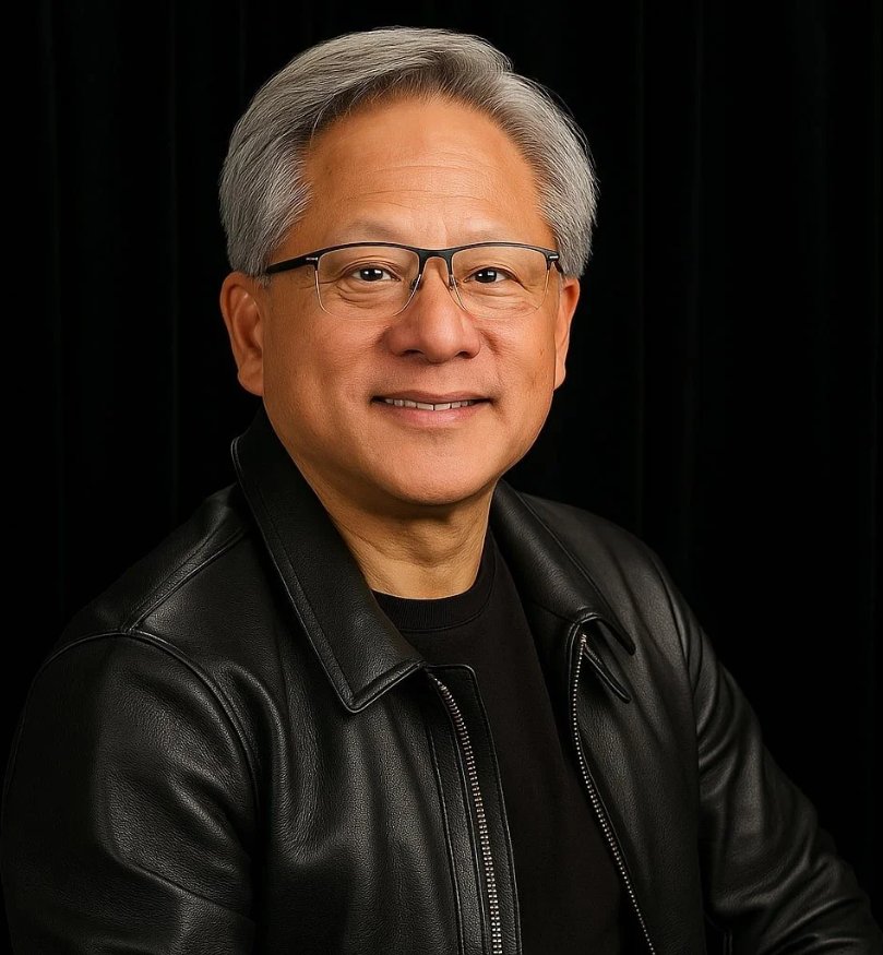 Portrait of Nvidia CEO Jensen Huang wearing glasses and a black leather jacket against a dark background.