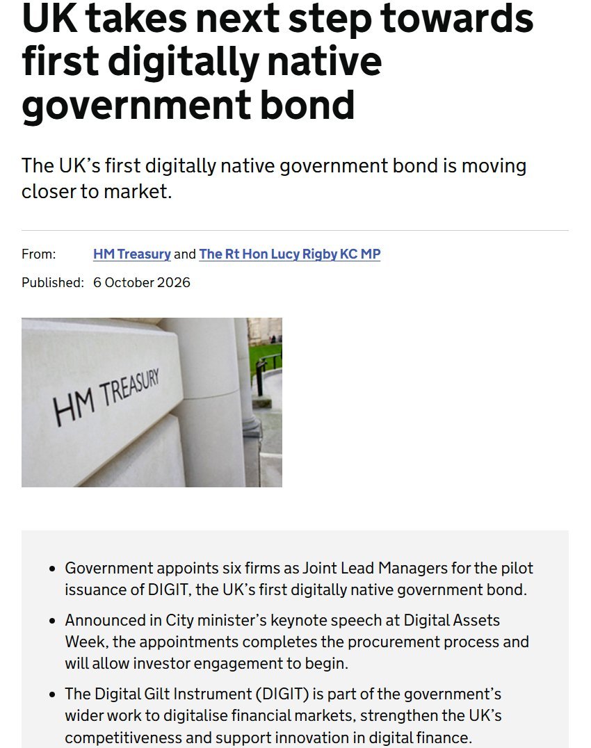 Screenshot of an official UK government press release titled 'UK takes next step towards first digitally native government bond' with the HM Treasury logo building pictured.