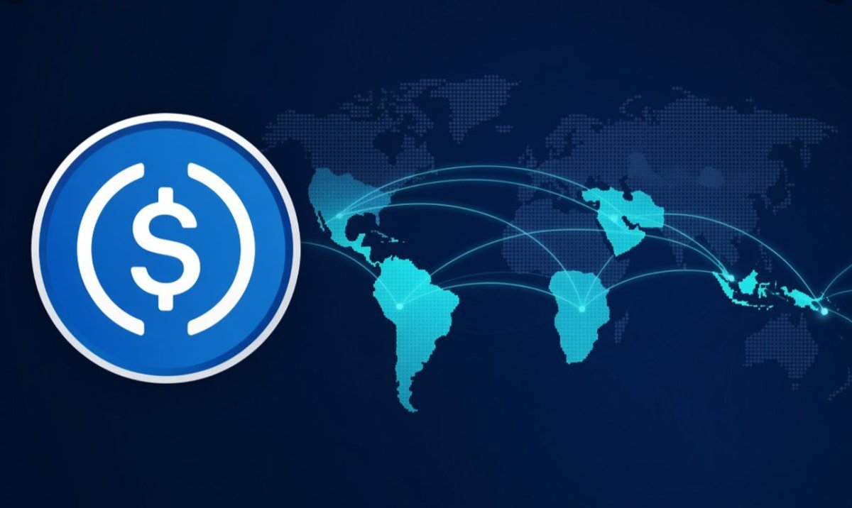 Graphic depicting the USDC stablecoin logo next to a world map highlighting Latin America, Africa, the Middle East, and Southeast Asia with connecting network lines.
