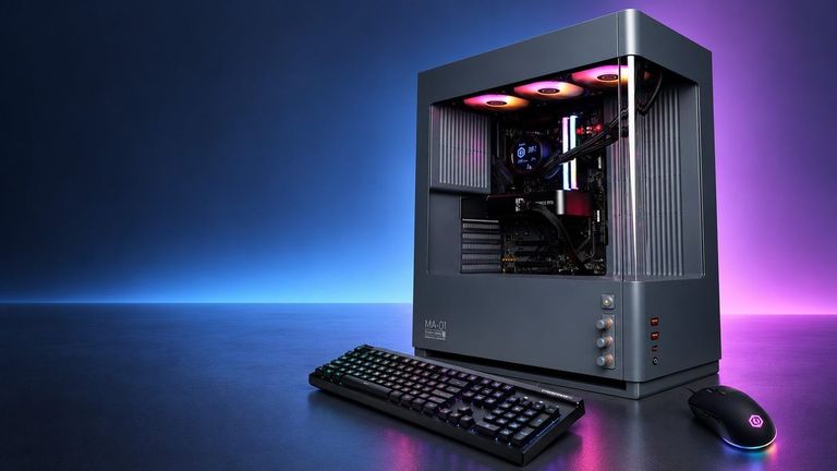 A desktop computer tower with illuminated internal components, accompanied by a keyboard and mouse on a surface.