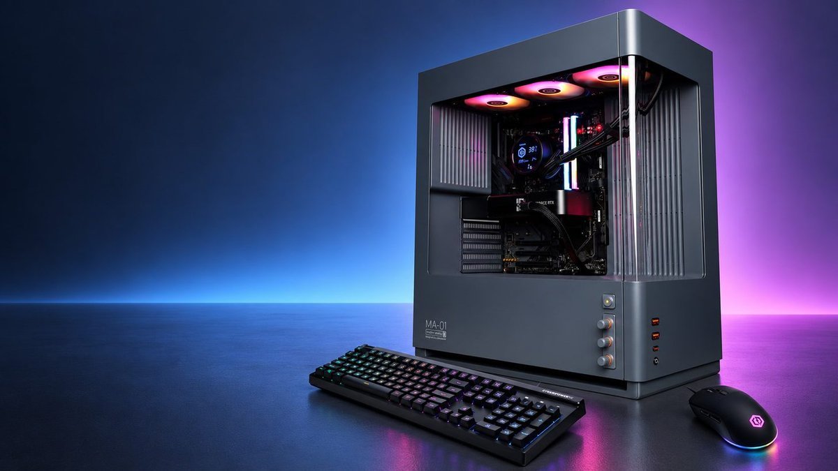 A desktop personal computer tower with RGB internal lighting shown beside a keyboard and mouse on a dark surface.