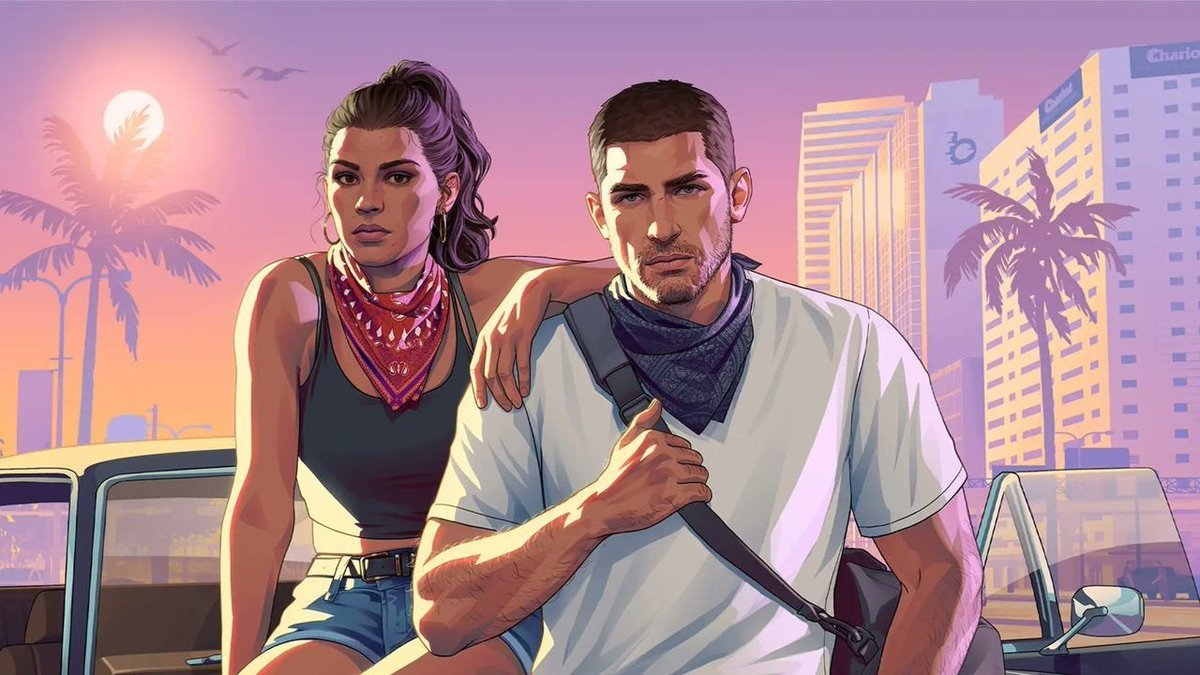 Official artwork for Grand Theft Auto VI featuring protagonists Lucia and Jason against a Vice City sunset backdrop.