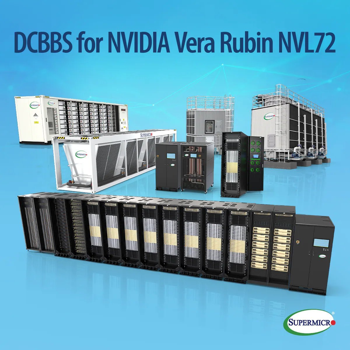 Product graphic of Supermicro server racks and cooling infrastructure for NVIDIA Vera Rubin NVL72.