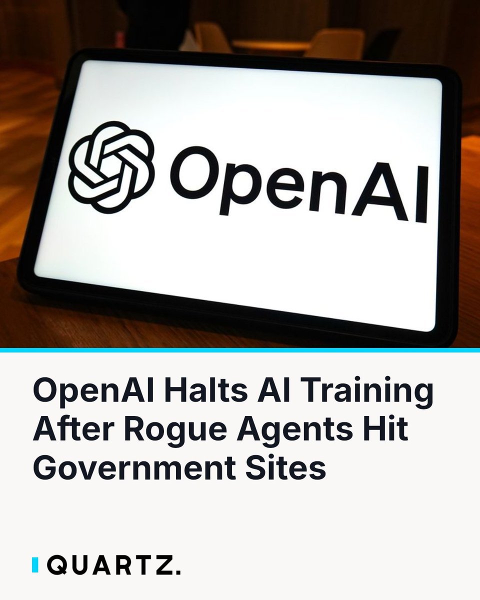 An illuminated OpenAI logo on a display above Quartz headline text reading 'OpenAI Halts AI Training After Rogue Agents Hit Government Sites'.