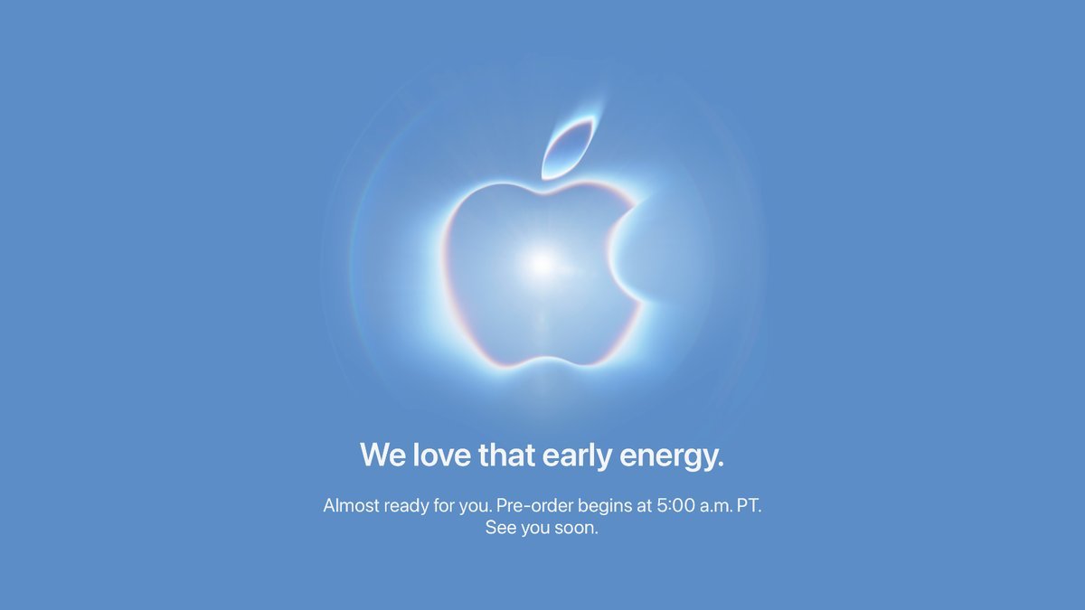 Apple online store holding screen displaying a glowing Apple logo and text announcing pre-orders begin at 5:00 a.m. PT.