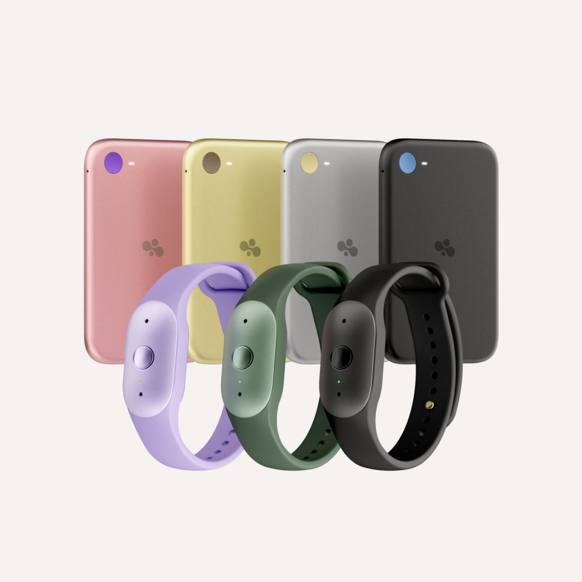 A product lineup of Bee Frontier wristbands and Bee Eclipse magnetic smartphone attachments shown in multiple colors.